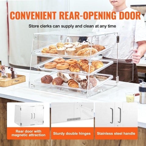 Pastry Display Case, 3-Tier Commercial Countertop Bakery Display Case, Acrylic Display Box with Rear Door Access & Removable Shelves, Keep Fresh for Donut Bagels Cake Cookie, 20.7"x14.2"x16.3"