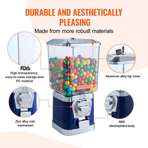 Gumball Machine for Kids, 17"H Home Candy Vending Machine, PC Gumball Dispenser, Bubble Gum Machine for Game Stores, Coin Operated Gumball Bank for Toy Capsules Bouncy Balls Candy, Blue