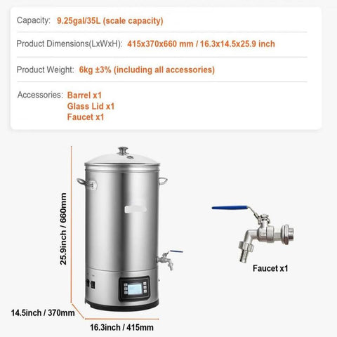 Electric Brewing System, 8 GALLON Brewing Stock Pot, All-in-One Home Beer Brewer, 304 Stainless Steel Brewing Supplies with Panel, Includes Glass Lid, Handle, Spigot, Electronic Panel Control