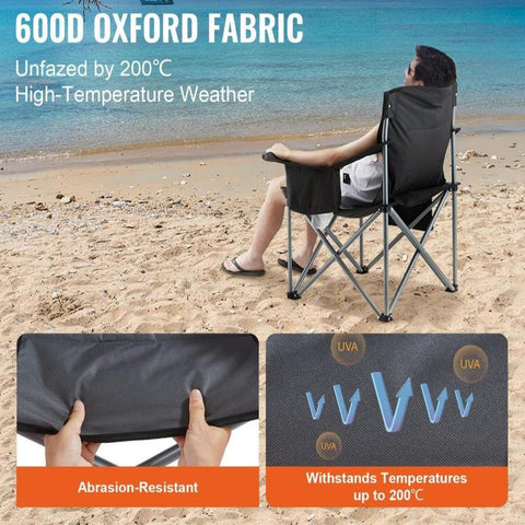 Camping Folding Chair for Adults, Portable Heavy Duty Outdoor Quad Lumbar Back Padded Arm Chairs with Side Pockets, Cup Holder and Cooler Bag for Beach, Lawn, Picnic, Fishing, Backpacking, Black
