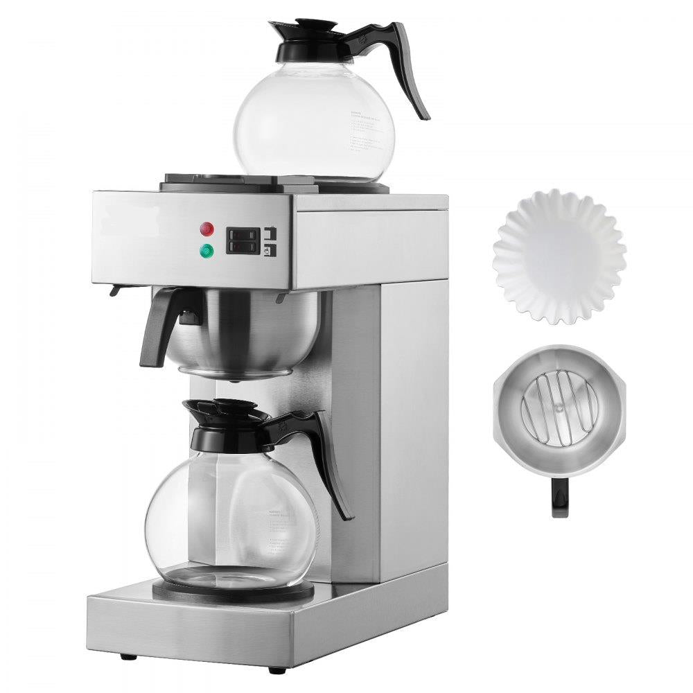 12 Cups Commercial Drip Coffee Maker, Coffee Maker Machine with 2 Glass Carafes and 2 Warmer Plates, Stainless Steel Pour Over Coffee Brewer for Restaurant, Office, Cafe