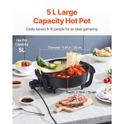 Electric Hot Pot, 1360W 5 L Double-flavor Shabu Shabu Pot, Non-Stick Electric Cooker with Divider, Clear Glass Lid, Temperature control, Chinese Hotpot for 6-10 People Family Dinning & Party