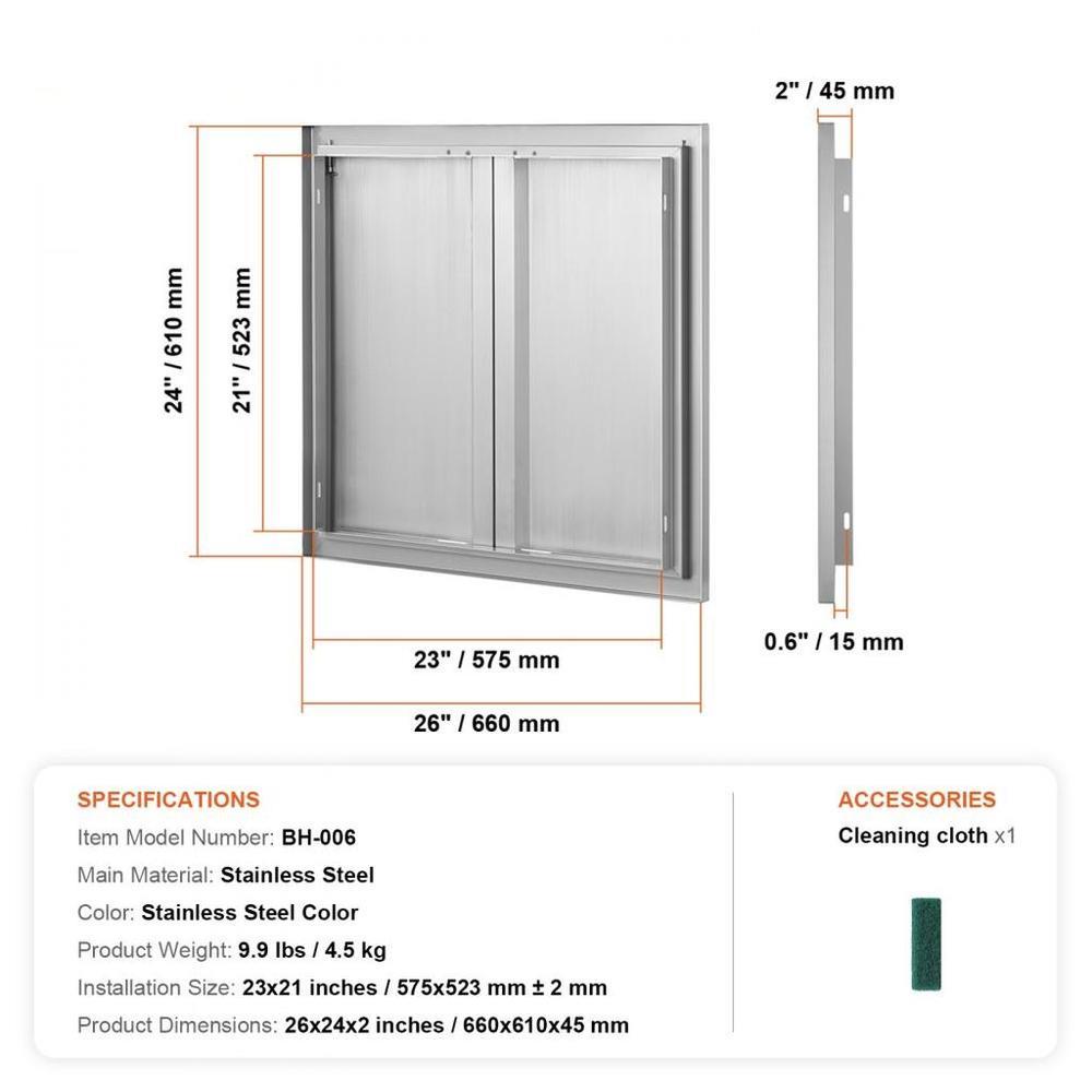 BBQ Access Door, 26W x 24H Inch Double Outdoor Kitchen Door, Stainless Steel Flush Mount Door, Wall Vertical Door with Recessed Handles , for BBQ Island, Grilling Station, Outside Cabinet