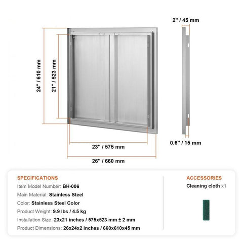 BBQ Access Door, 26W x 24H Inch Double Outdoor Kitchen Door, Stainless Steel Flush Mount Door, Wall Vertical Door with Recessed Handles , for BBQ Island, Grilling Station, Outside Cabinet