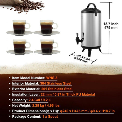 Stainless Steel Insulated Beverage Dispenser 24 Gallon 92 Liter Thermal Hot and Cold Drink Server with Spigot Handle Food Grade for Tea Coffee Water Restaurant Drink Shop