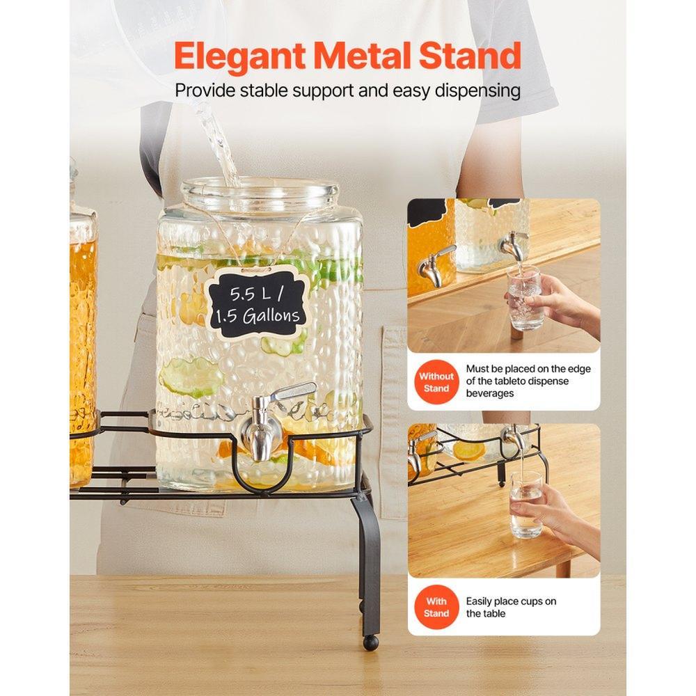 Beverage Dispenser, 2 Pack 1.5 Gallon Drink Dispensers for Parties, Glass Juice Dispenser with Metal Stand, Stainless Steel Spigot, Iced Tea Lemonade Juice Water Dispensers for Parties