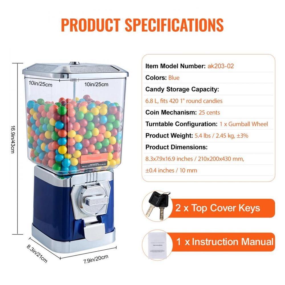 Gumball Machine for Kids, 17"H Home Candy Vending Machine, PC Gumball Dispenser, Bubble Gum Machine for Game Stores, Coin Operated Gumball Bank for Toy Capsules Bouncy Balls Candy, Blue