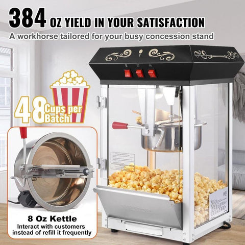 Popcorn Maker, 850W Popcorn Popper Machine, 8 Oz Kettle Makes 48 Cups per Batch, Countertop Popcorn Maker with Tempered Glass, Includes 4 Scoops, Movie Theater Style, Black