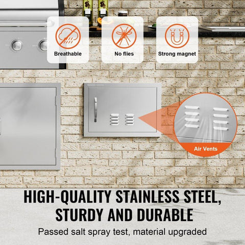 BBQ Access Door, 20W x 14H Inch Single Outdoor Kitchen Door, Stainless Steel Flush Mount Door, Wall Vertical Door with Handle and vents, for BBQ Island, Grilling Station, Outside Cabinet