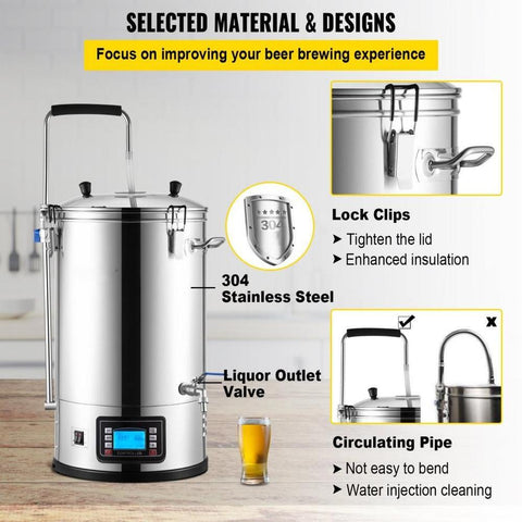 Electric Brewing System, 9.2 Gal/35 L Brewing Pot, All-in-One Home Beer Brewer with Pump, Mash Boil Device with Panel, Auto/Manual Mode 100-1800W Power 25-100℃ Temp 1-180 min Timer Recipe Memory