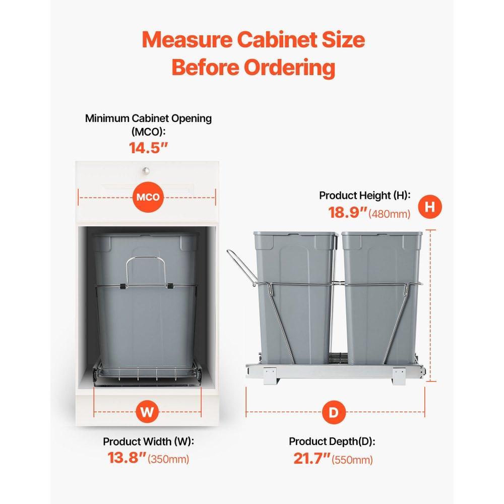 Double 35QTx2 Pullout Waste Container Under Cabinet Kitchen Trash Can Soft Close