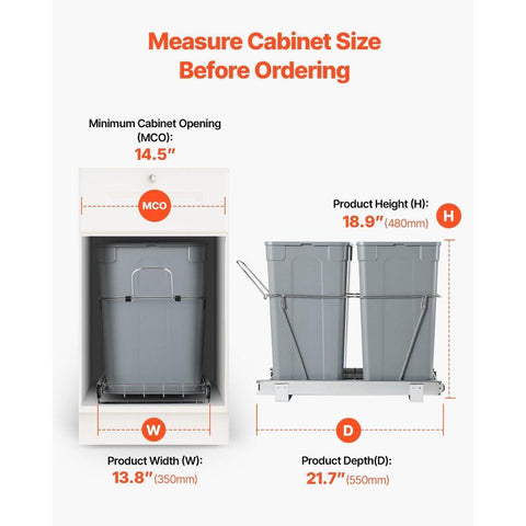 Double 35QTx2 Pullout Waste Container Under Cabinet Kitchen Trash Can Soft Close