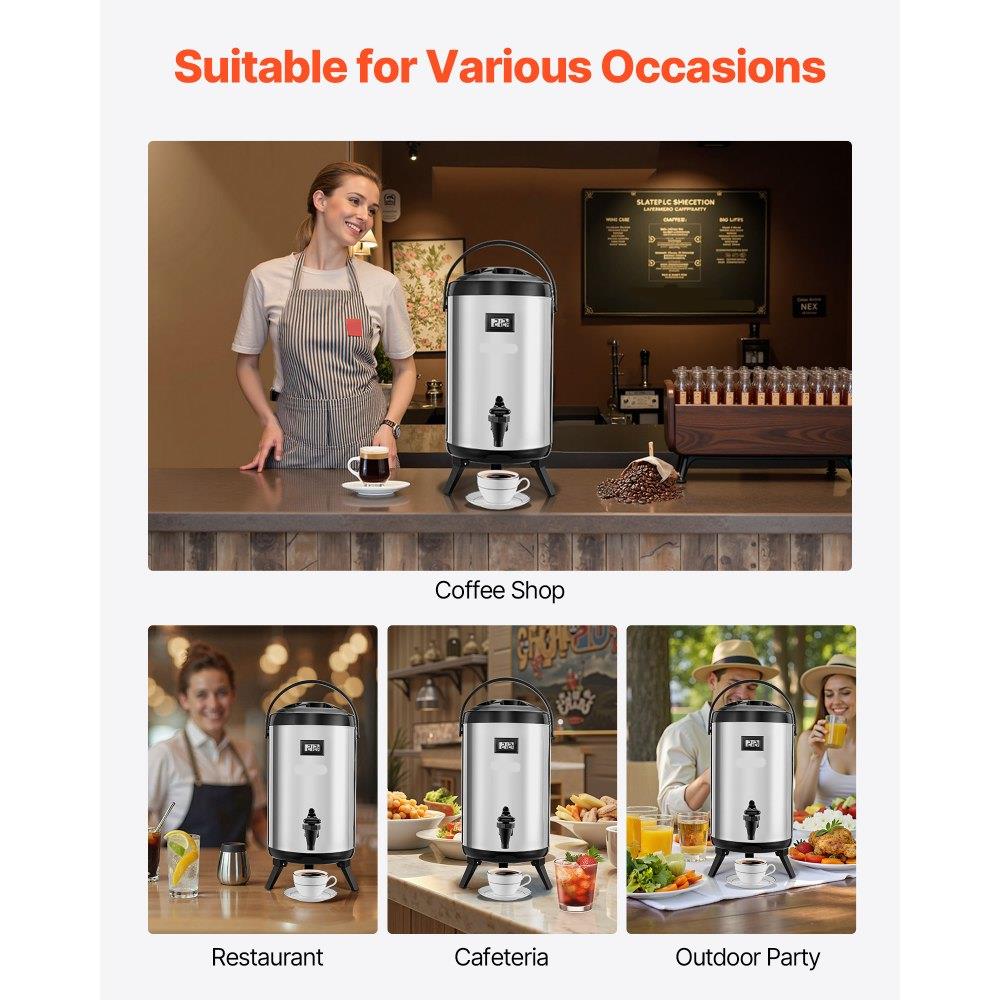 Insulated Beverage Dispenser, 2 Gal/7.6L Stainless Steel Thermal Drink Server with Spigot & Temp Display, Suitable for Hot and Cold Drinks, for Tea Coffee Water in Cafes & Restaurants, Silver