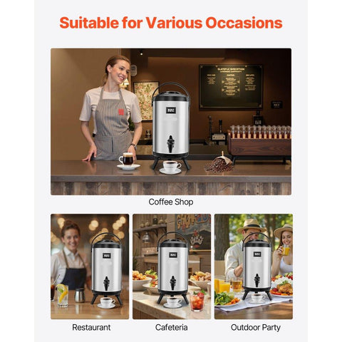 Insulated Beverage Dispenser, 2 Gal/7.6L Stainless Steel Thermal Drink Server with Spigot & Temp Display, Suitable for Hot and Cold Drinks, for Tea Coffee Water in Cafes & Restaurants, Silver