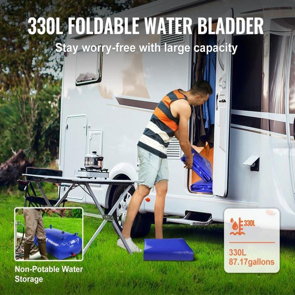 330L 87 Gallon Water Storage Bladder RV Water Tank 1000D Blue PVC Collapsible Container Large Capacity Soft Water Bag Portable for Camping Fire Prevention Emergency