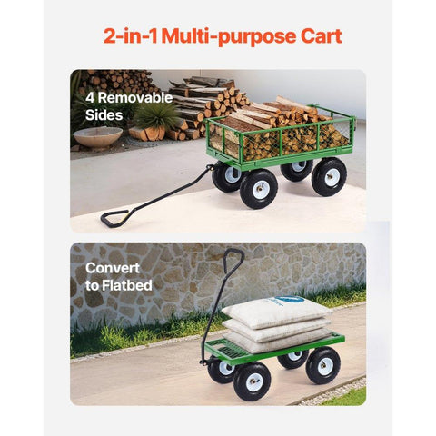900 Lbs Steel Garden Cart on Wheels, Heavy Duty Pullable Garden Wagon Yard Cart, Outdoor Metal Utility Wagon with 10" Tires and Mesh Removable Sides(Convert to Flatbed), and 180°Rotating Handle
