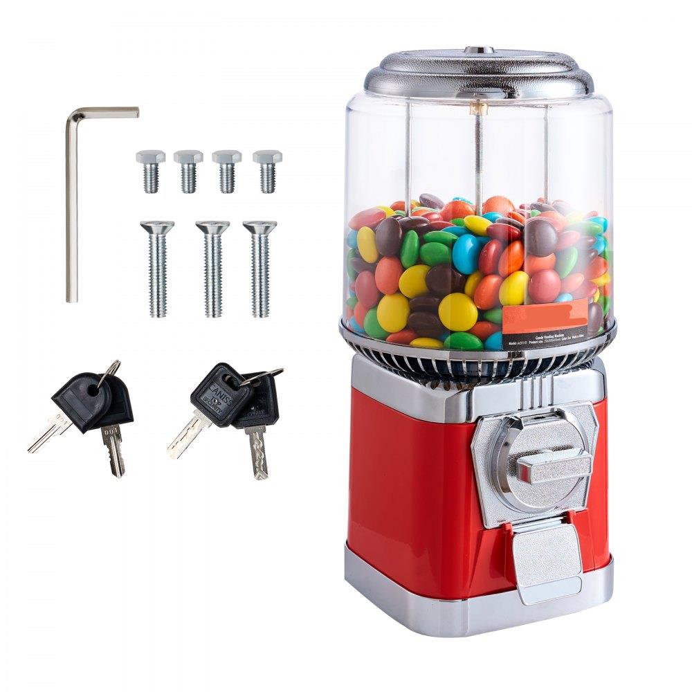 Gumball Machine for Kids, 16"H Home Candy Vending Machine, PC Round Gumball Dispenser, Bubble Gum Machine for Game Stores, Coin Operated Gumball Bank for Toy Capsules Bouncy Balls Candy, Red