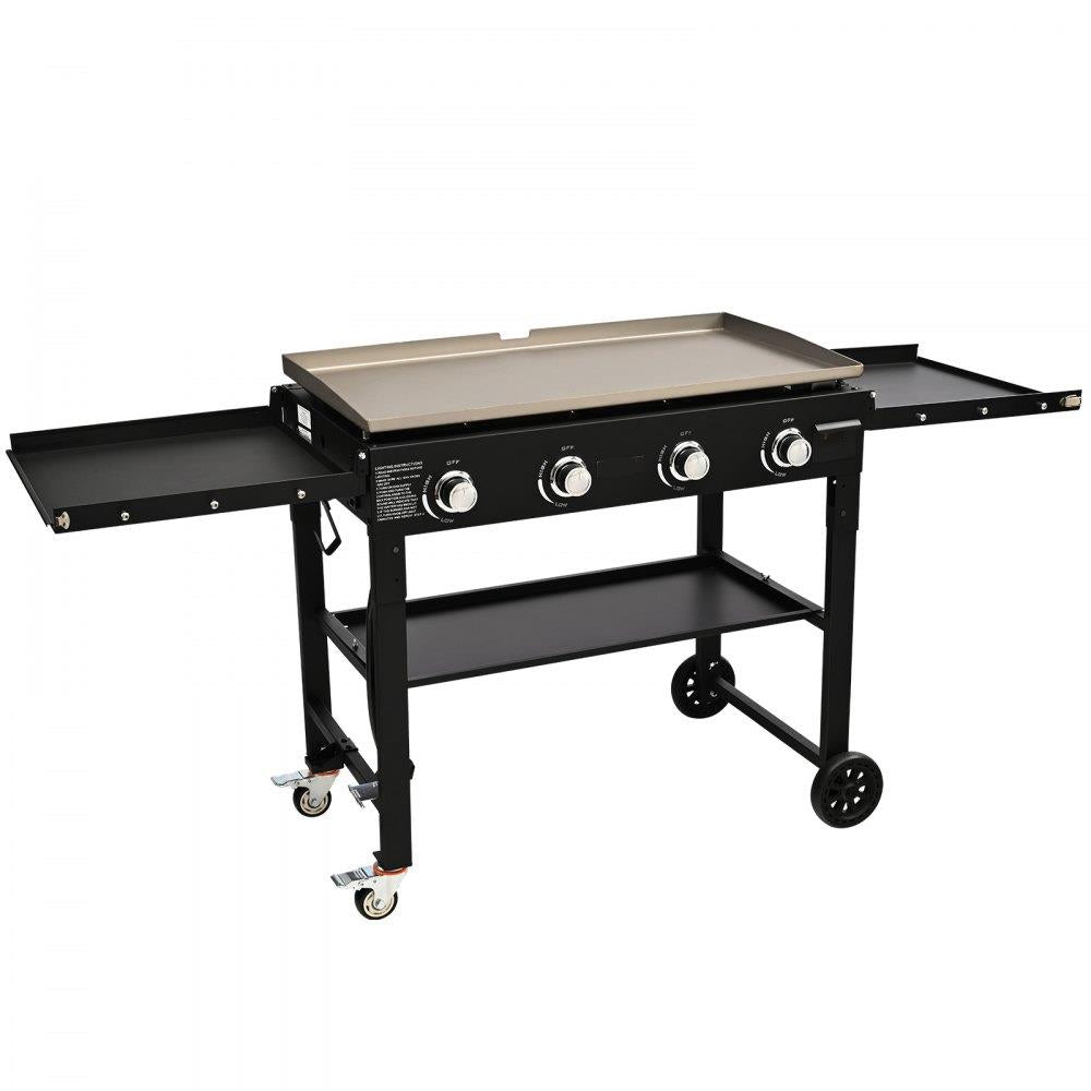 Commercial Griddle on Cart, 36" Heavy Duty Manual Flat Top Griddle, Outdoor Cooking Station with Side Shelves, Steel Natural Gas Griddle, 4-Burners Restaurant Portable Tested toStandards