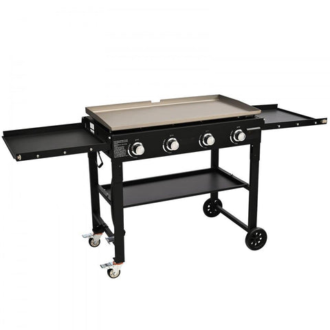 Commercial Griddle on Cart, 36" Heavy Duty Manual Flat Top Griddle, Outdoor Cooking Station with Side Shelves, Steel Natural Gas Griddle, 4-Burners Restaurant Portable Tested toStandards