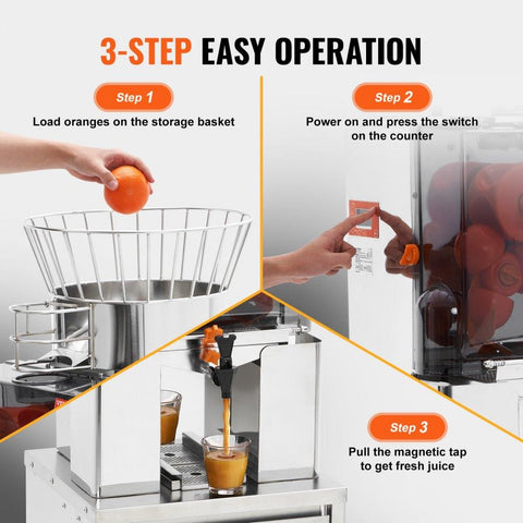Commercial Orange Juicer, 120W Automatic Feeding Juice Extractor with Water Tap, Stainless Steel Juicer Machine 25 Oranges/Minute, with Pull-Out Filter Box, PC Cover, 3 Peel Collecting Buckets