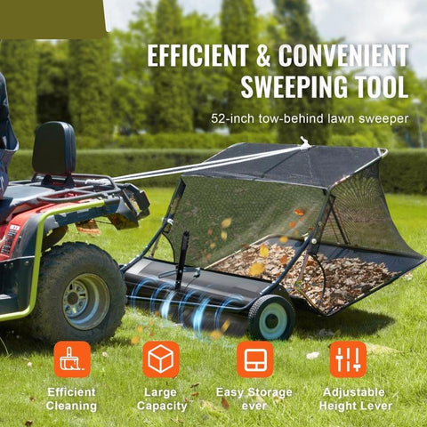 52-inch Lawn Sweeper Tow Behind, 26 cu.ft. Large Pull Behind Grass Sweeper, Heavy Duty Leaf & Grass Collector with Dumping Rope Design, Adjustable Sweeping Height for Picking Up Debris & Grass