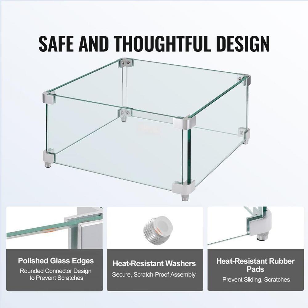 Gas Fire Pit Wind Guard for Square Fire Table 15 x 15 x 7 inch Clear Tempered Glass Shield 031 inch Thick with Hard Corner Bracket and Feet