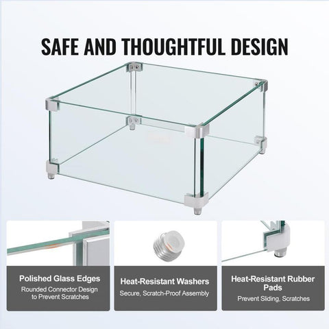 Gas Fire Pit Wind Guard for Square Fire Table 15 x 15 x 7 inch Clear Tempered Glass Shield 031 inch Thick with Hard Corner Bracket and Feet