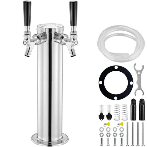 Dual Taps Draft Beer Tower Dispenser, Stainless Steel Keg Beer Tower, Kegerator Tower Kit with Pre-Assembled Tubing and Self-Closing Faucet Shanks for Party, Bar, Pub, Restaurant