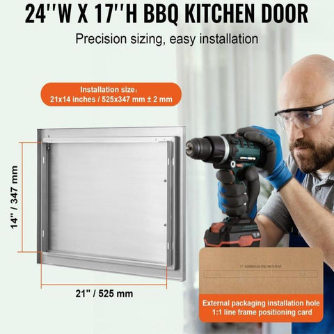BBQ Access Door, 24W x 17H Inch Single Outdoor Kitchen Door, Stainless Steel Flush Mount Door, Wall Vertical Door with Handle, for BBQ Island, Grilling Station, Outside Cabinet