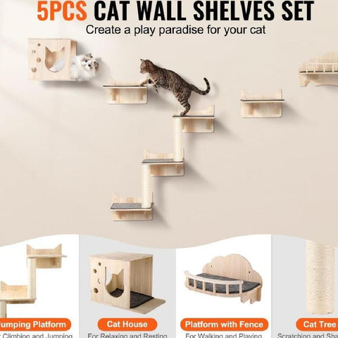 Wall Mounted Cat Shelves Tree with Jumping Boards Nest Furniture Set of 5