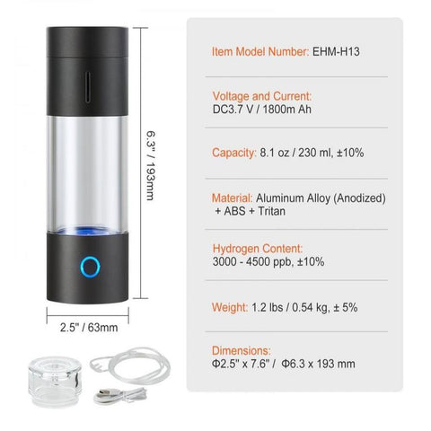 Hydrogen Water Bottle Generator, 230 ml / 8.1 oz Capacity Portable Hydrogen Water Maker, SPE Technology Hydrogen Rich Water Ionizer Machine with Nasal Inhalation Tube and Self-Cleaning