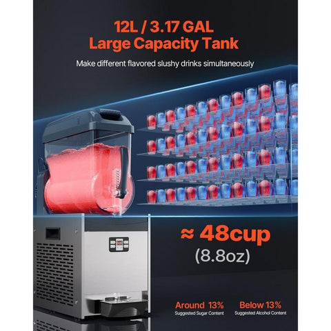 Commercial Slushy Machine, 12L Single Tank Frozen Drink Machine, 48 Cups Stainless Steel Margarita Smoothie Frozen Drink Maker, Slushie Maker for Home Party Restaurants Cafe Bars