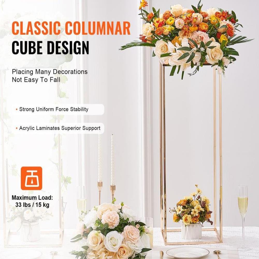 2PCS 31.5inch High Wedding Flower Stand, With Acrylic Laminate,Metal Vase Column Geometric Centerpiece Stands, Gold Rectangular Floral Display Rack for Events Reception, Party Decoration