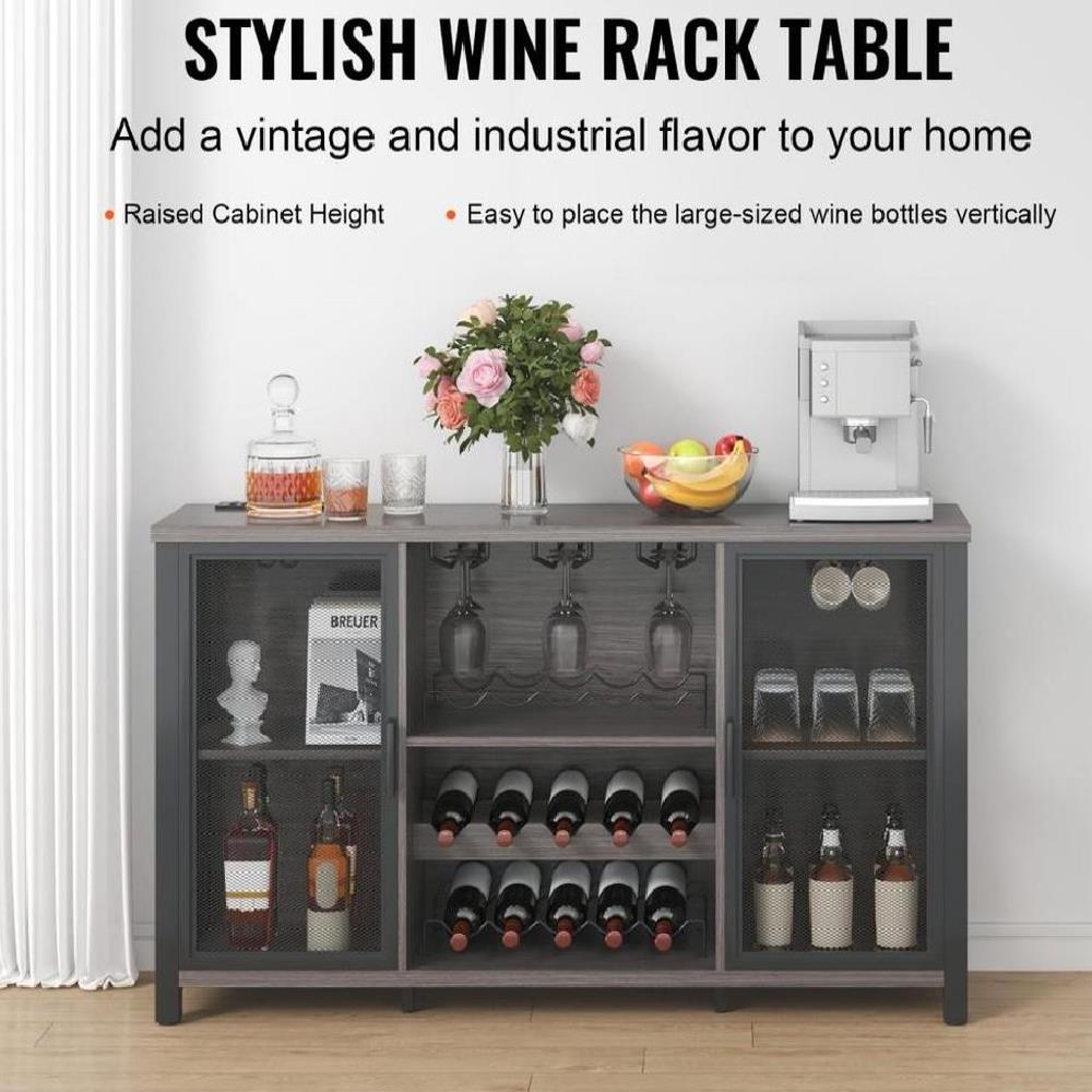 55 Inch Industrial Bar Cabinet, Wine Table for Liquor and Glasses, Sideboard Buffet Cabinet with Wine Rack, Freestanding Farmhouse Wood Coffee Bar Cabinet for Living Room, Home Bar, and Kitchen