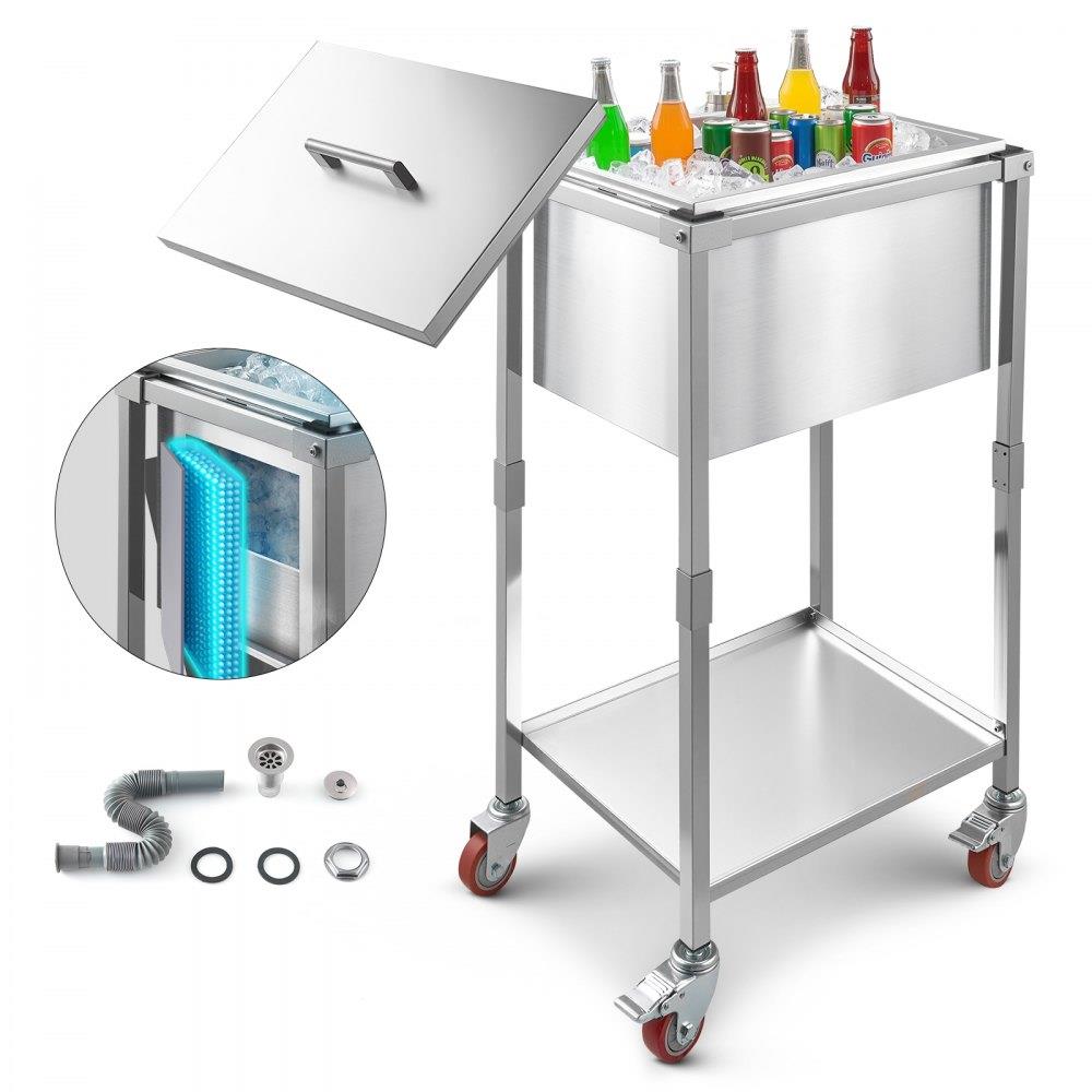 Rolling Ice Chest Cooler Cart, 22"L x 16"W x 38"H Stainless Steel Cooling Bin on Wheels, 32.8 Quart Outdoor Stand Up Cooler Trolley with Shelf, for Patio Backyard Party Bar Cold Drinks