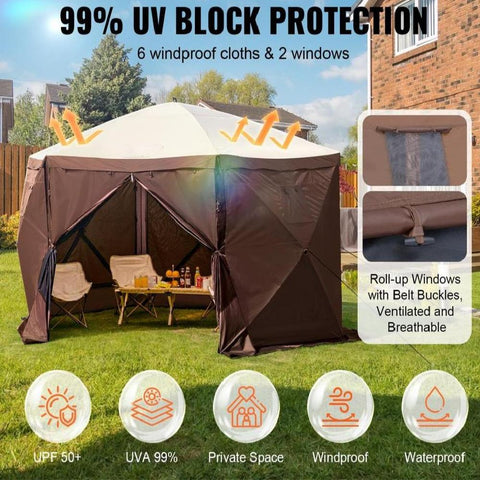 Pop Up Gazebo Tent, Pop-Up Screen Tent 6 Sided Canopy Sun Shelter with 6 Removable Privacy Wind Cloths & Mesh Windows, 12.5x12.5FT Quick Set Screen Tent with Mosquito Netting, Brown