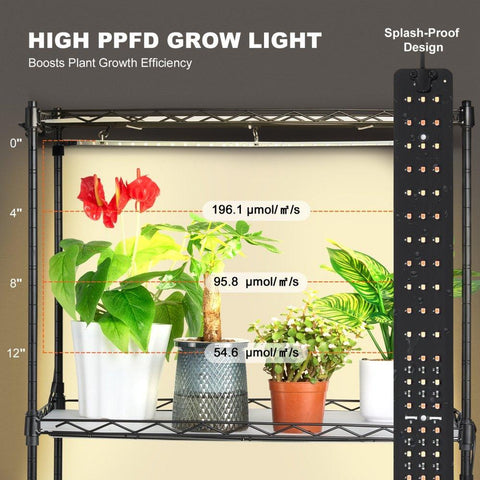 Plant Stand with Grow Light, 4-Tier Plant Shelf with 45W Full Spectrum Grow Light, 3 Mode Plant Light with Timer and Wheel for Seed Starting, Metal Grow Light Shelf for Indoor Plants