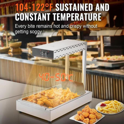 French Fry Food Warmer, 750W Commercial Food Heating Lamp, Electric Stainless Steel Warming Light Dump Station, Countertop 104-122°F Fries Food Warmer for Chip Buffet Kitchen Restaurant, Silver