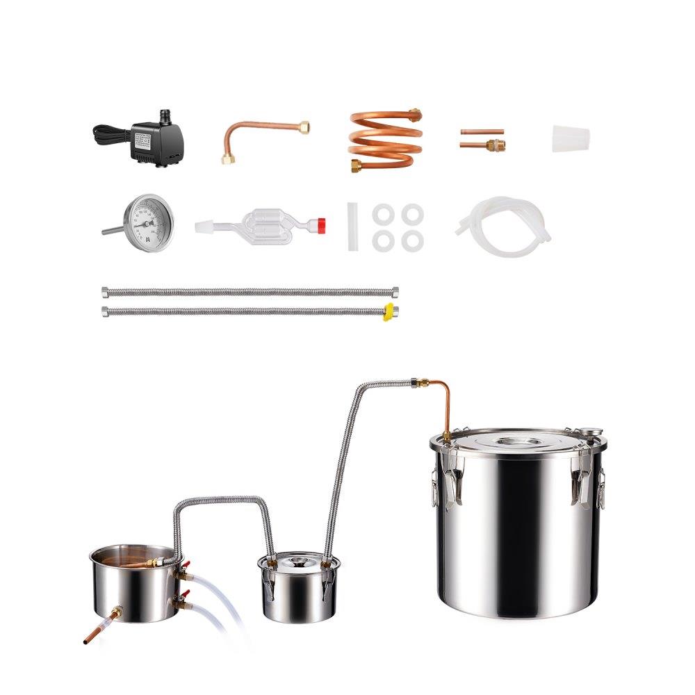 Alcohol Still, 8 Gal / 30 L Stainless Steel Water Alcohol Distiller with Copper Coil for Fast Cooling, Dual Condenser Distiller Kit with Secondary Distillation, for Wine Whisky Brandy, Silver