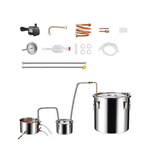 Alcohol Still, 8 Gal / 30 L Stainless Steel Water Alcohol Distiller with Copper Coil for Fast Cooling, Dual Condenser Distiller Kit with Secondary Distillation, for Wine Whisky Brandy, Silver