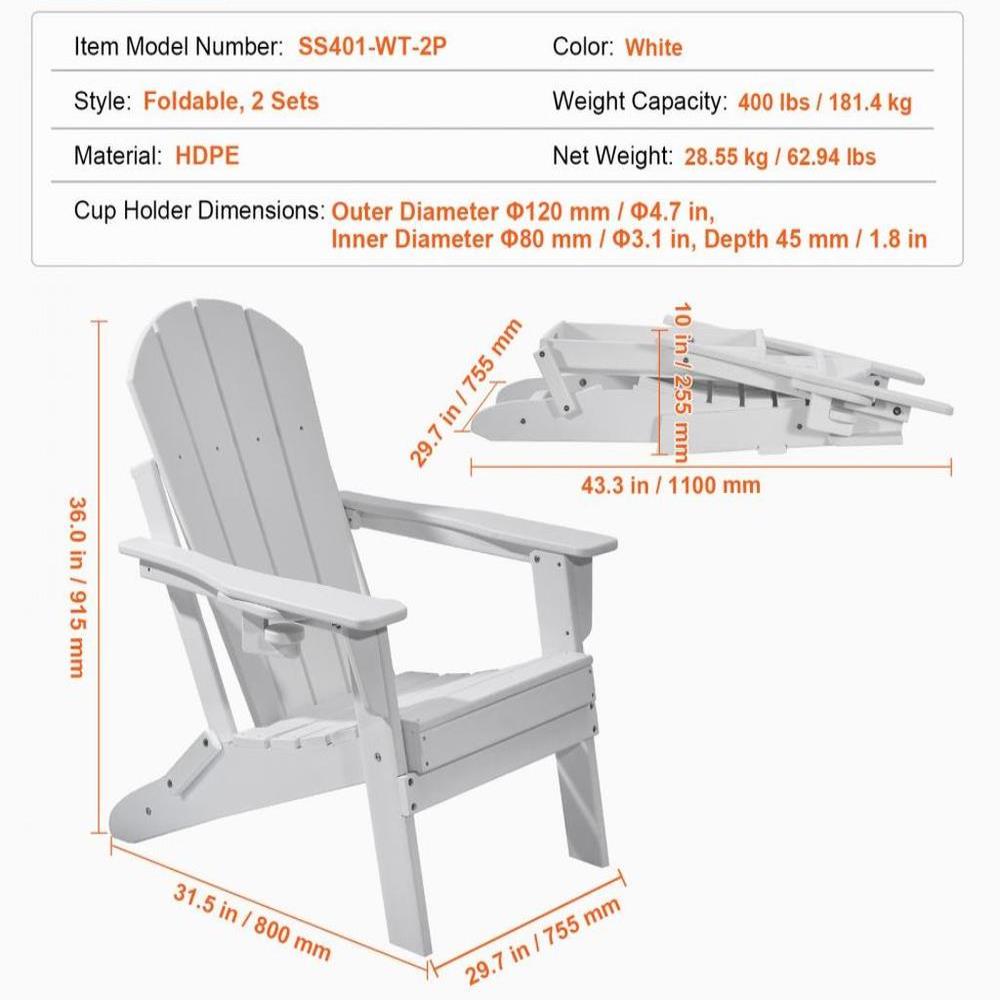 Adirondack Chair Plastic Set of 2 All-Weather Folding Fire Pit White