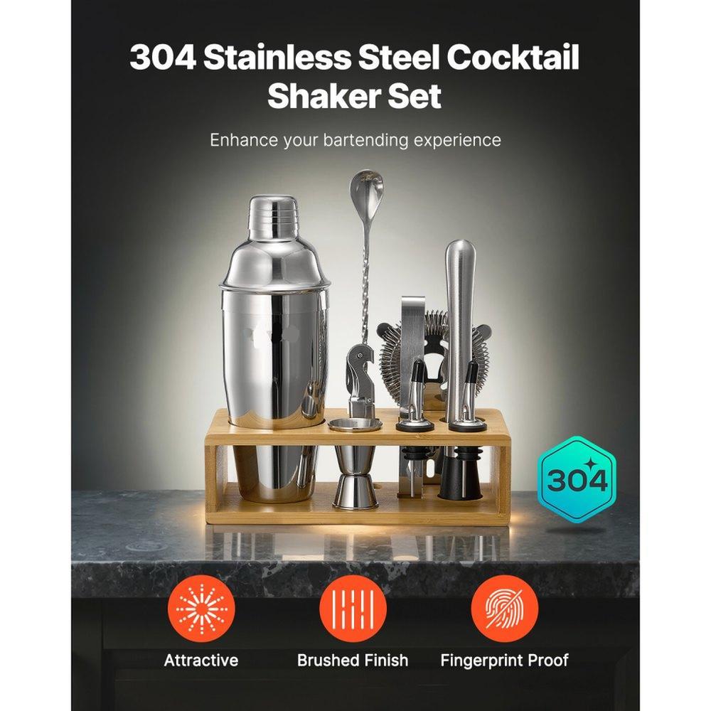 Cocktail Shaker Set, 10-Piece Stainless Steel Bar Tools with Bamboo Stand, Martini Bartender Kit Accessories | Mixer Spoon, Muddler, Jigger, Strainer, Liquor Pourers, Ice Tong, Corkscrew, Silver