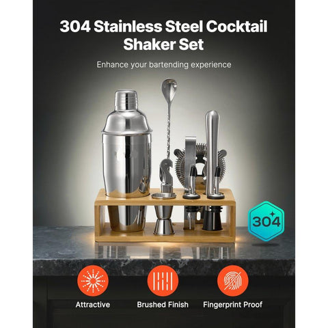 Cocktail Shaker Set, 10-Piece Stainless Steel Bar Tools with Bamboo Stand, Martini Bartender Kit Accessories | Mixer Spoon, Muddler, Jigger, Strainer, Liquor Pourers, Ice Tong, Corkscrew, Silver