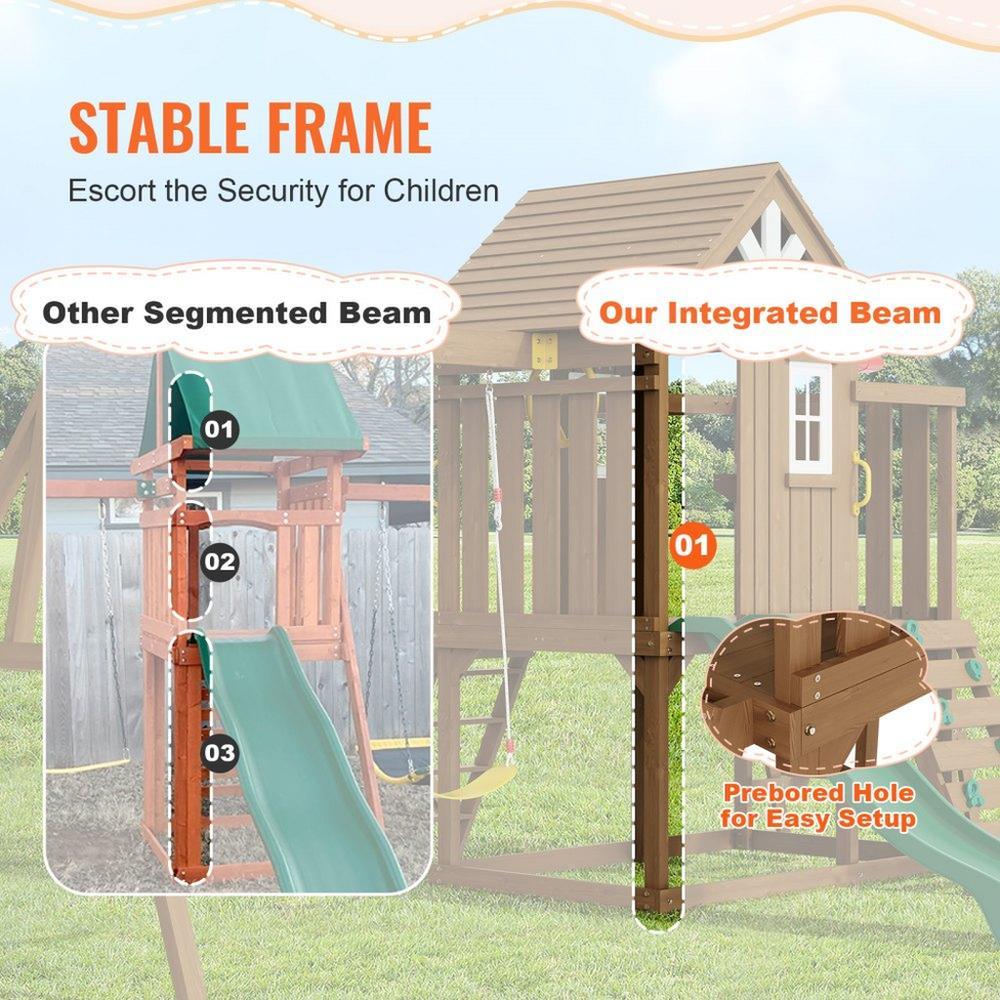 Wooden Swing Set 10 IN 1 Outdoor Playground Sets 6 FT Slide Upper Fort