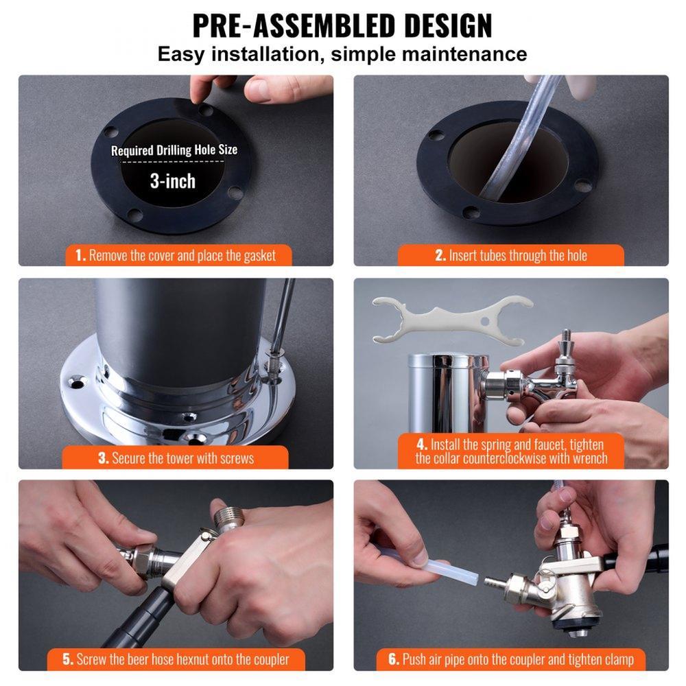 Kegerator Tower Kit, Dual Taps Beer Conversion Kit, Stainless Steel Keg Beer Tower Dispenser with Dual Gauge CGA320 Regulator & D-System Keg Coupler, Self-Closing Spring for Party Bar Home