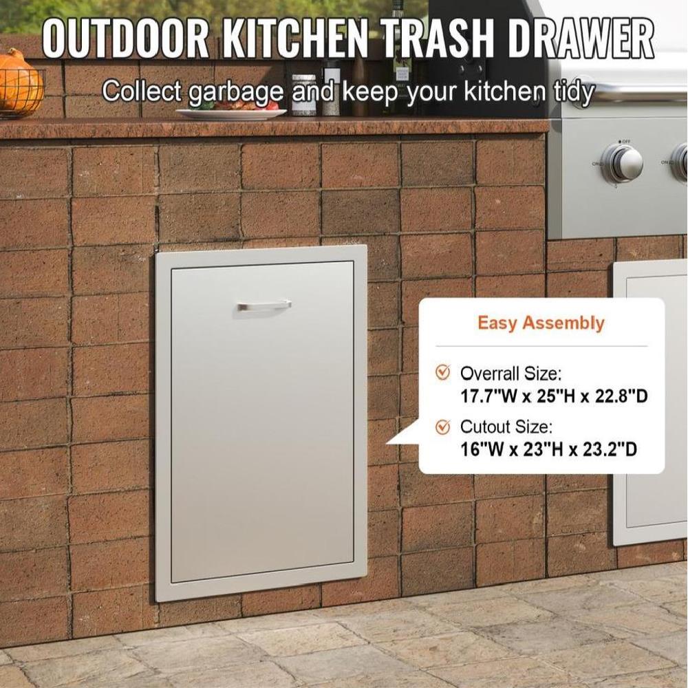 Pull Out Trash Drawer 17.7x25x22.8 Inch Raised Style Trash Bin with Pull-Out Tray Stainless Steel Trash Drawer with Handle for Outdoor Kitchen BBQ Island