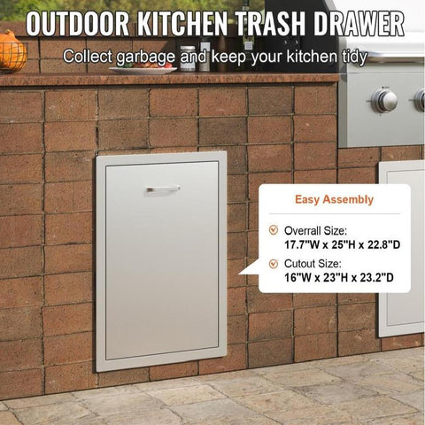 Pull Out Trash Drawer 17.7x25x22.8 Inch Raised Style Trash Bin with Pull-Out Tray Stainless Steel Trash Drawer with Handle for Outdoor Kitchen BBQ Island