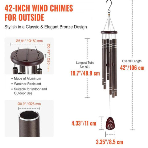 Wind Chimes for Outside, 42", Deep Tone Wind Chimes with 6 Tubes, Unique Large Memorial Wind Chimes for Anniversary, Amazing Outdoor Decor for Your Patio, Porch, Garden and Backyard, Dark Brown