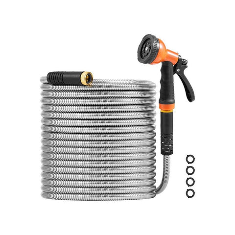 Metal Garden Hose 100 ft, Rust Proof Stainless Steel Water Hose, Heavy Duty Backyard Hose with 10 Function Nozzle, No-Kink & Flexible Water Pipe, Lightweight Metal Hose for Yard, Outdoor