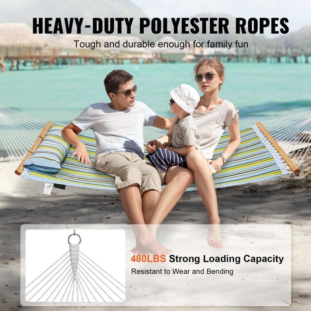 Double Quilted Fabric Hammock with Hardwood Spreader Bar Detachable Pillow